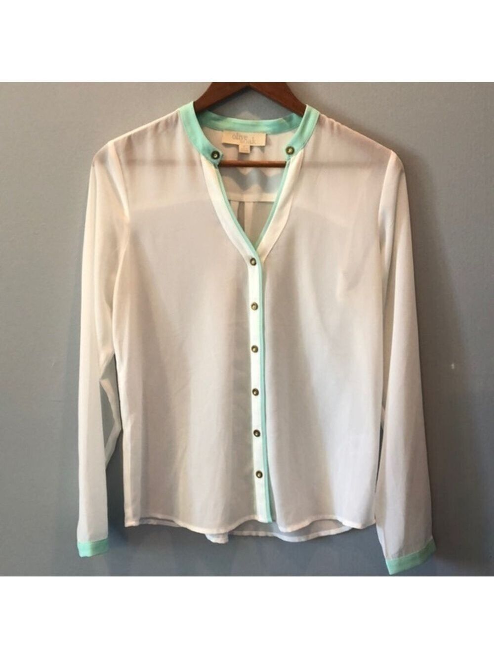 𝅺alice & Oak white sheer ivory blouse turquoise trim sz s